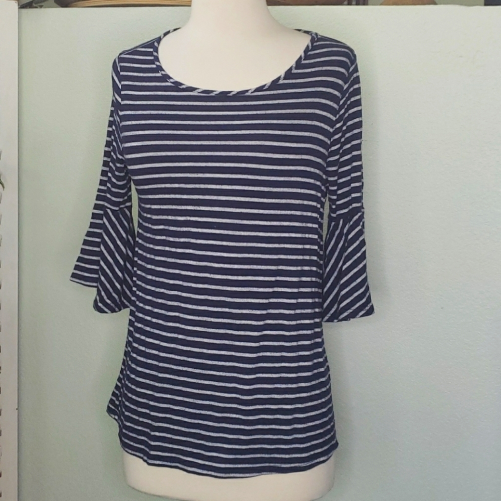 Green Envelope Striped Bell Sleeve Top